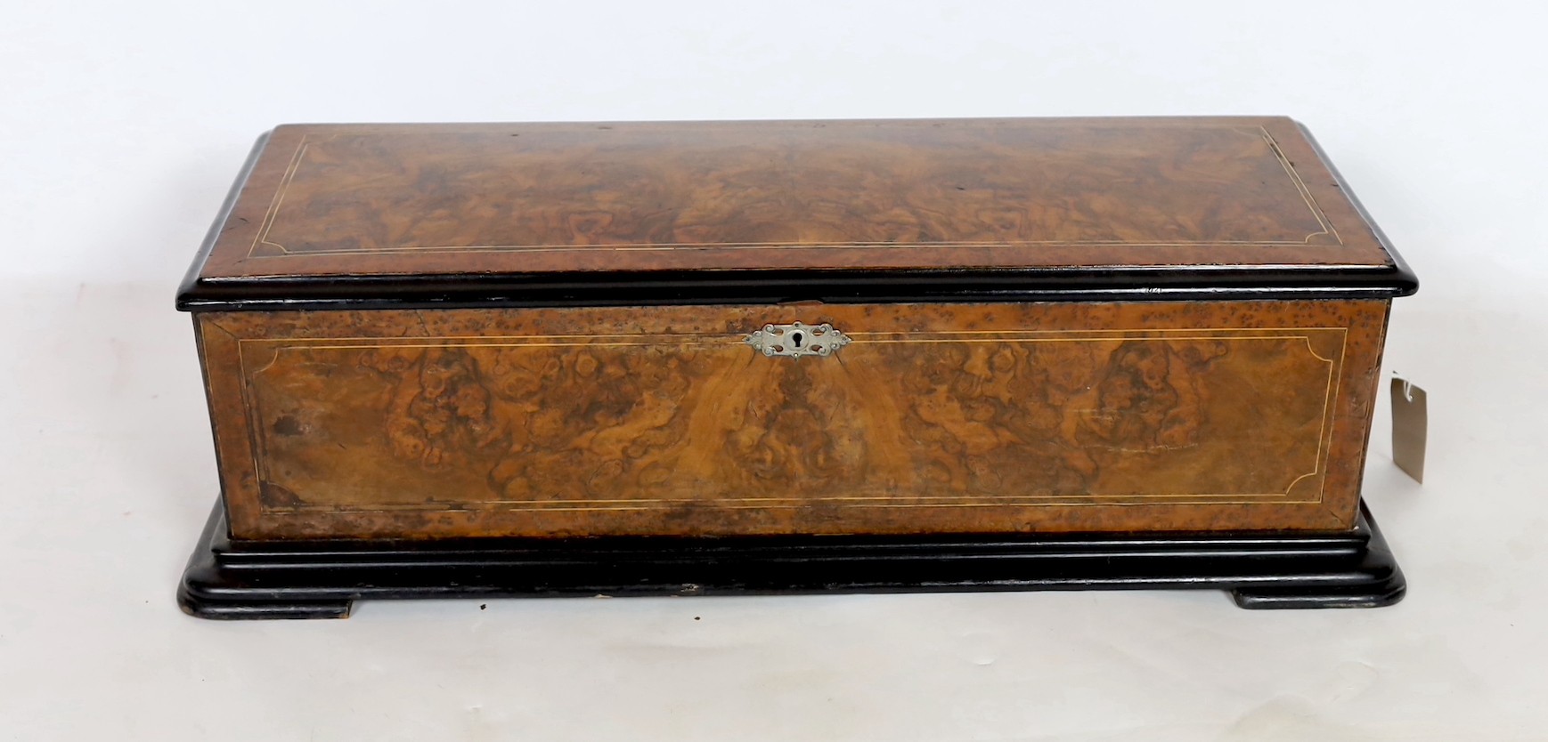 A 19th century Swiss inlaid burr walnut musical box, 73cm wide, 31cm deep, 21cm high